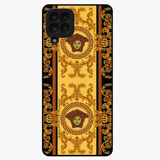 Golden Royal Heritage Glass Case showing flat back view with ornate royal pattern artwork and glossy glass finish.