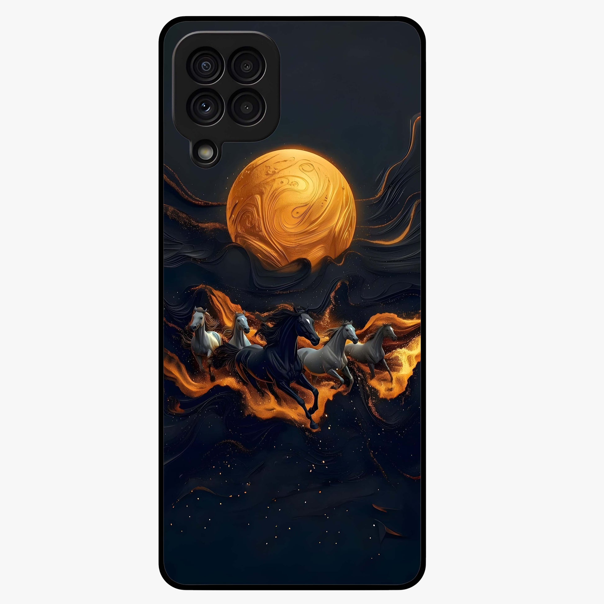 Golden Stallion Moonride Glass Case showing flat back view with majestic horse under moonlight artwork and glossy glass finish.