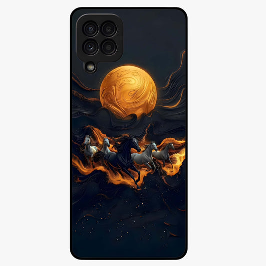 Golden Stallion Moonride Glass Case showing flat back view with majestic horse under moonlight artwork and glossy glass finish.