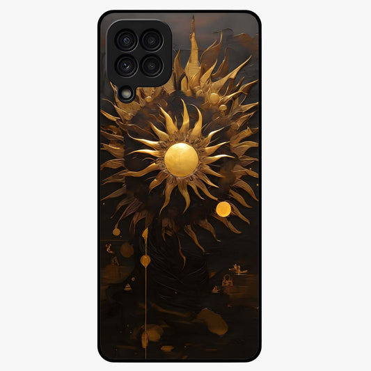 Golden Sun Majesty Glass Case showing flat back view with radiant golden sun artwork and glossy glass finish.