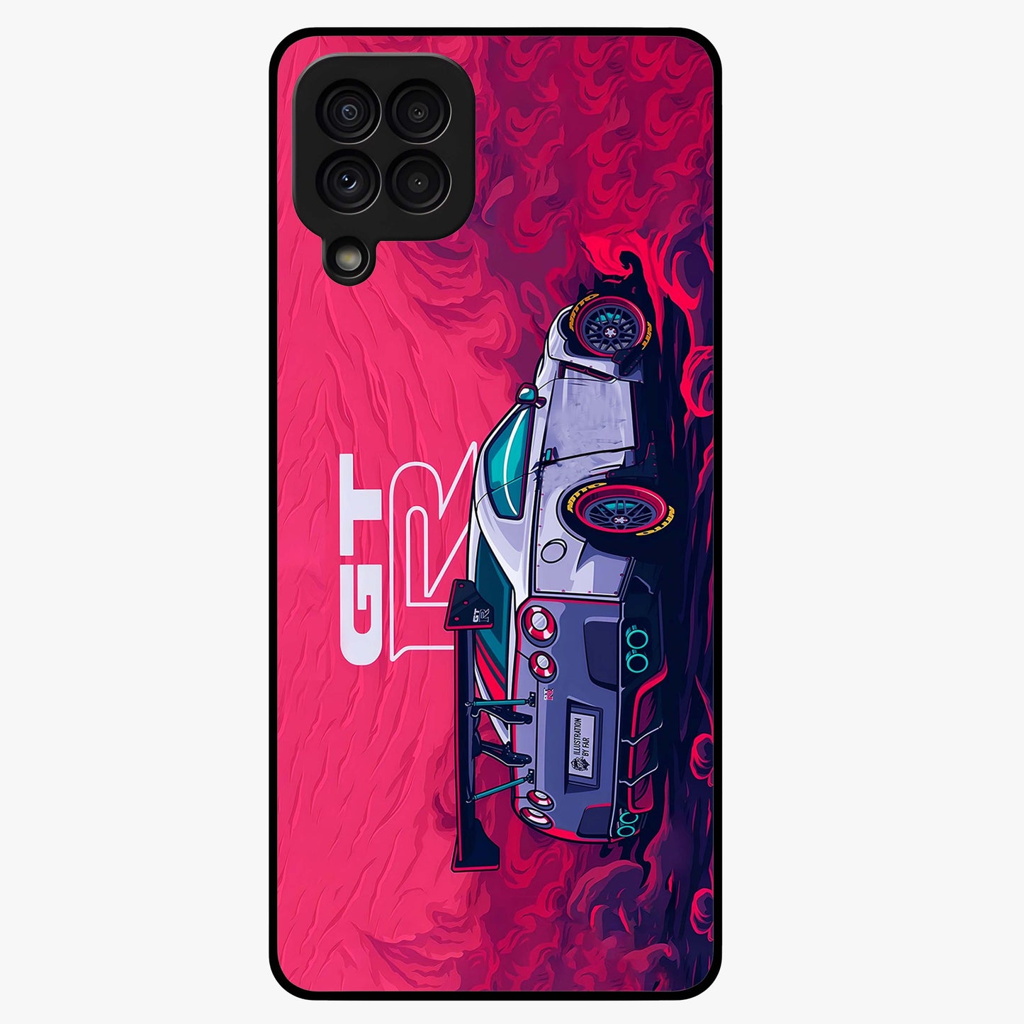 GT-R Car Pattern Glass Case showing flat back view with sporty car inspired pattern artwork and glossy glass finish.