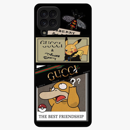 Gucci Play Mashup Glass Case showing flat back view with luxury inspired graphic artwork and glossy glass finish.