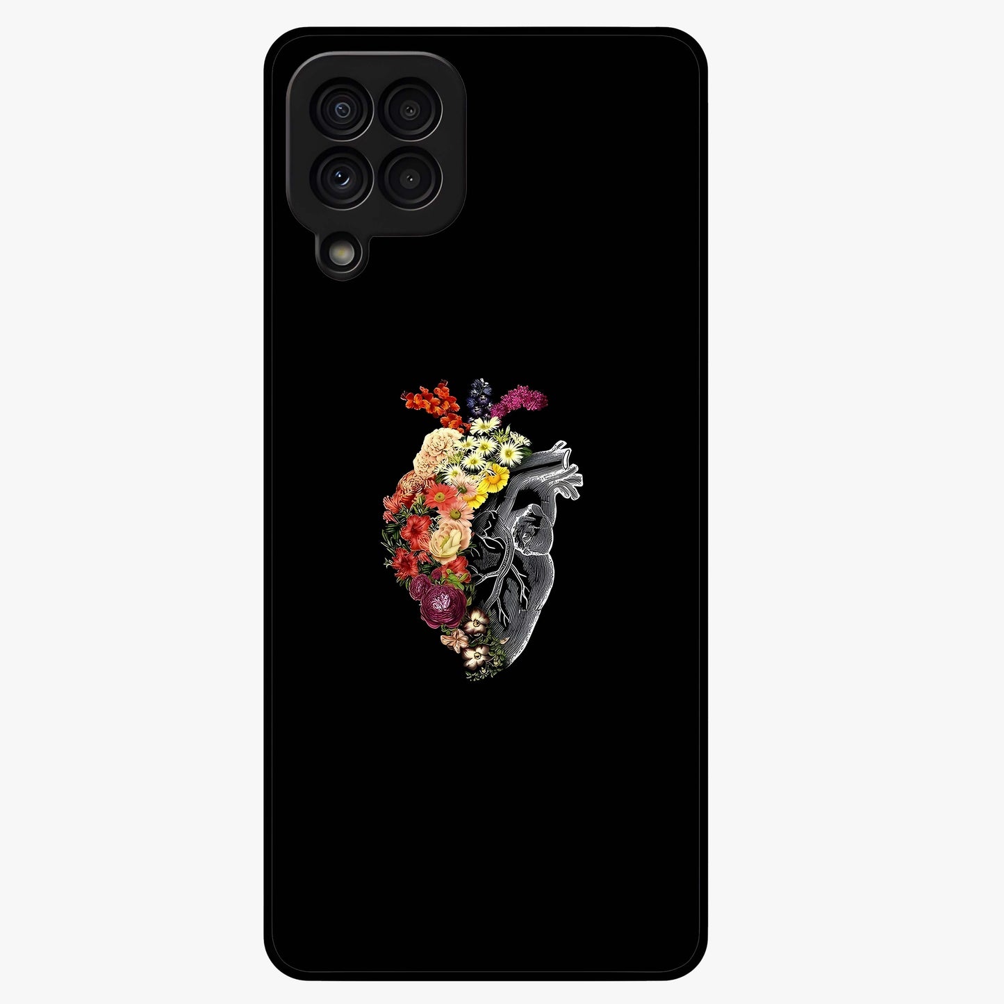 Heart With Flowers Glass Case showing flat back view with heart shaped floral artwork and glossy glass finish.