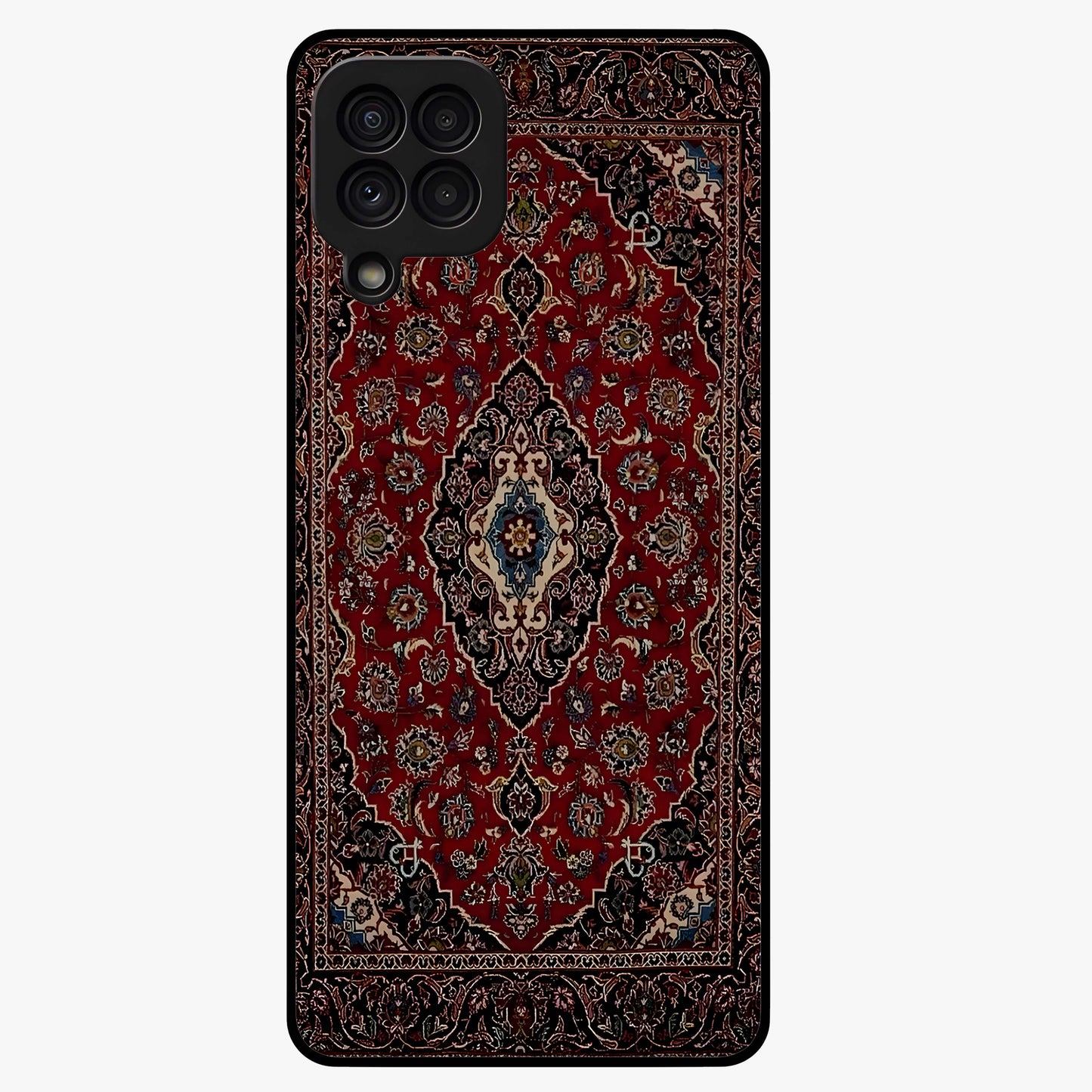 Heritage Carpet Royale Glass Case showing flat back view with ornate Persian carpet inspired pattern and glossy glass finish.