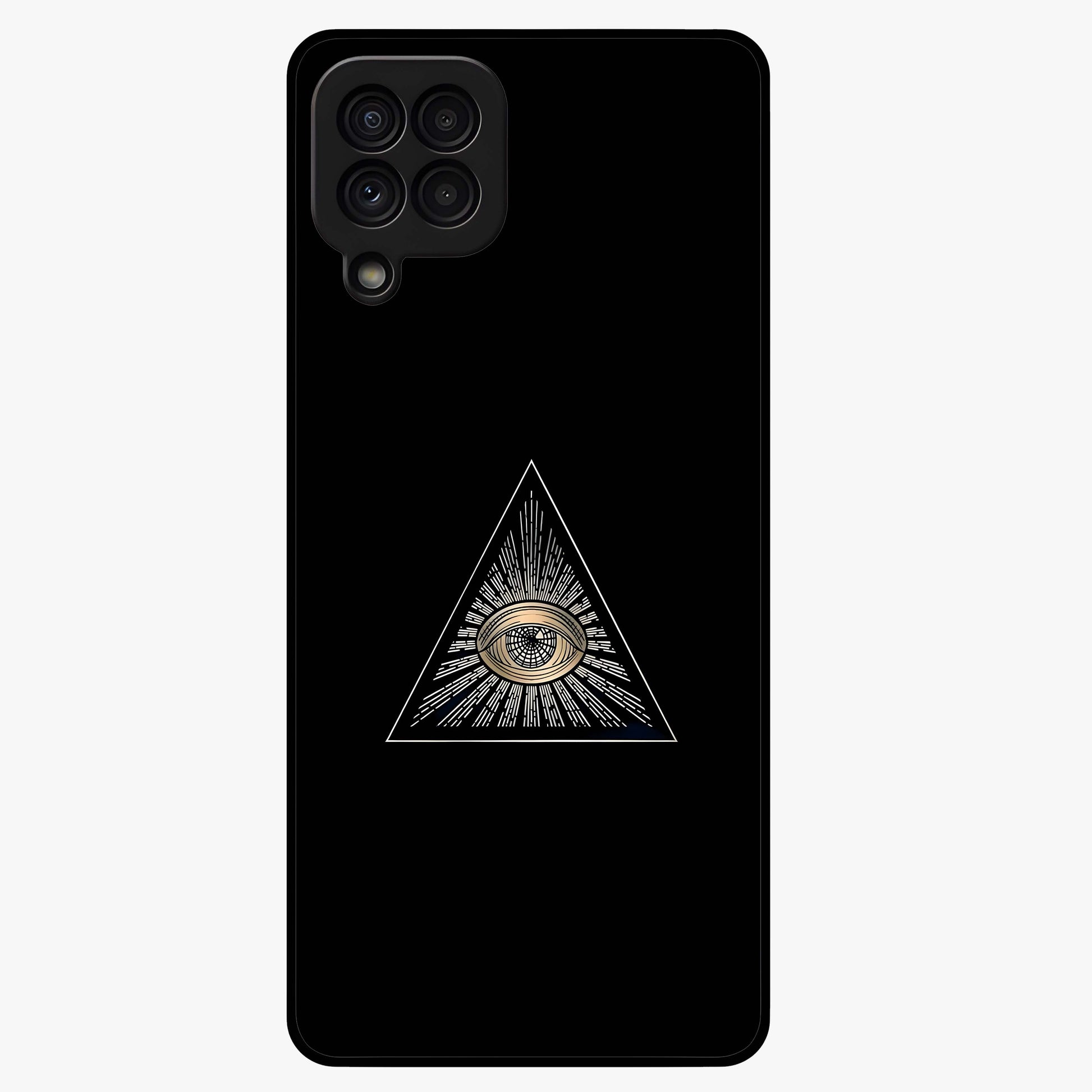 Illuminati Evil Glass Case showing flat back view with mysterious illuminati symbol artwork and glossy glass finish.