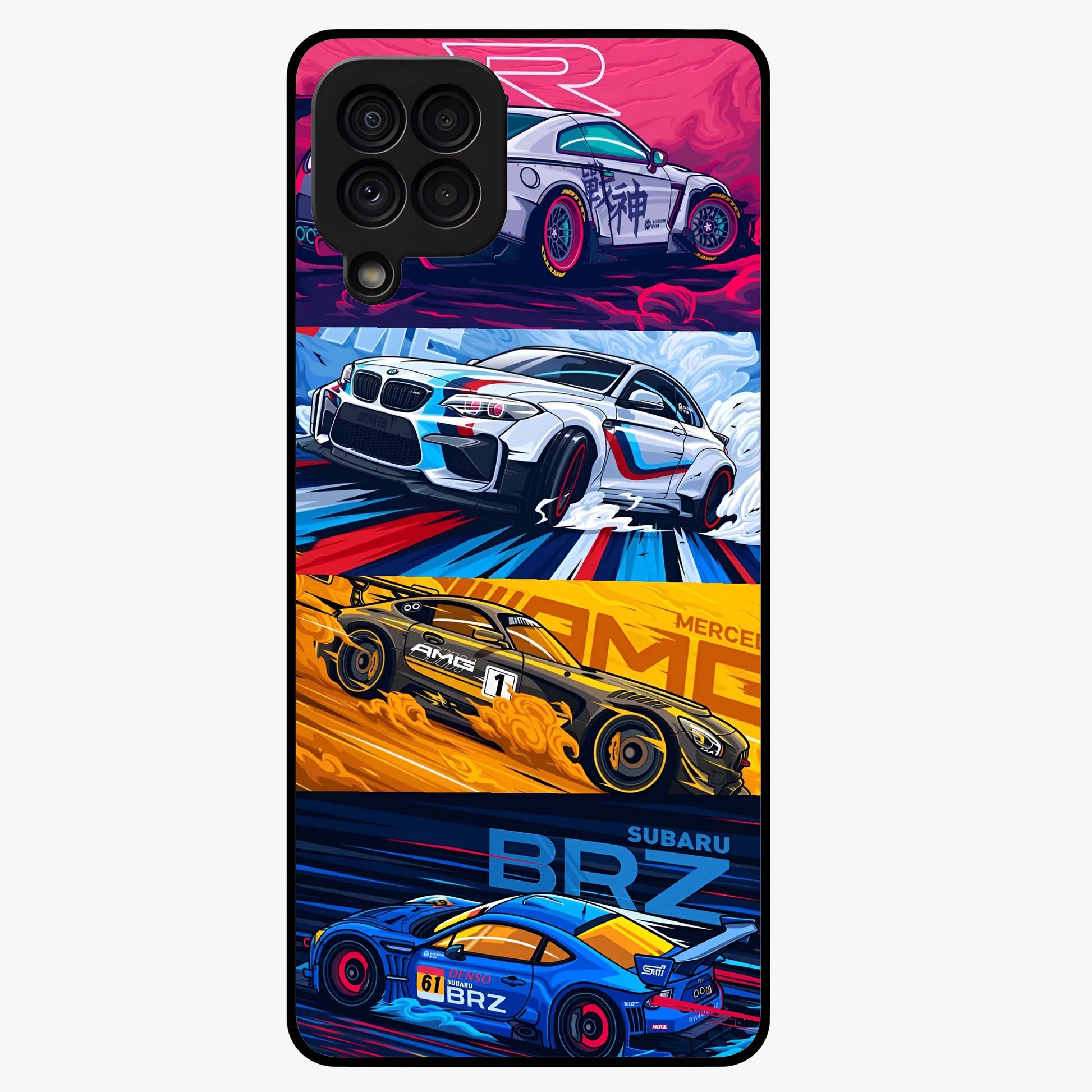 JDM Sports Car Glass Case showing flat back view with high performance sports car artwork and glossy glass finish.
