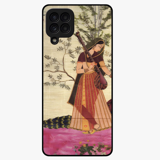 Lady With Veena Art Glass Case showing flat back view with elegant woman playing veena artwork and glossy glass finish.