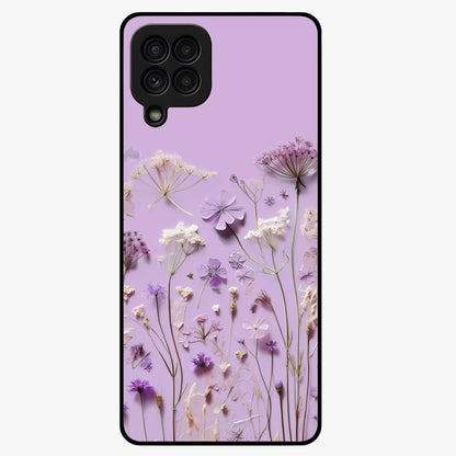 Lavender Blossom Dream Glass Case showing flat back view with soft lavender floral artwork and glossy glass finish.