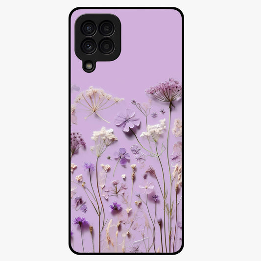 Lavender Blossom Dream Glass Case showing flat back view with soft lavender floral artwork and glossy glass finish.