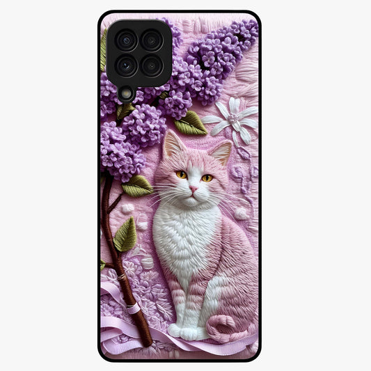 Lavender Cat Whimsy Glass Case showing flat back view with cute lavender cat artwork and glossy glass finish.