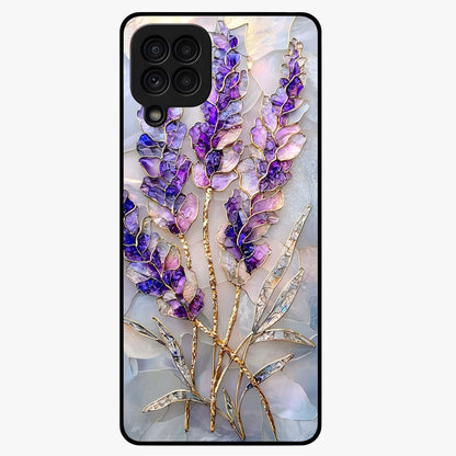 Lavender Dream Glow Glass Case showing flat back view with glowing lavender aesthetic artwork and glossy glass finish.