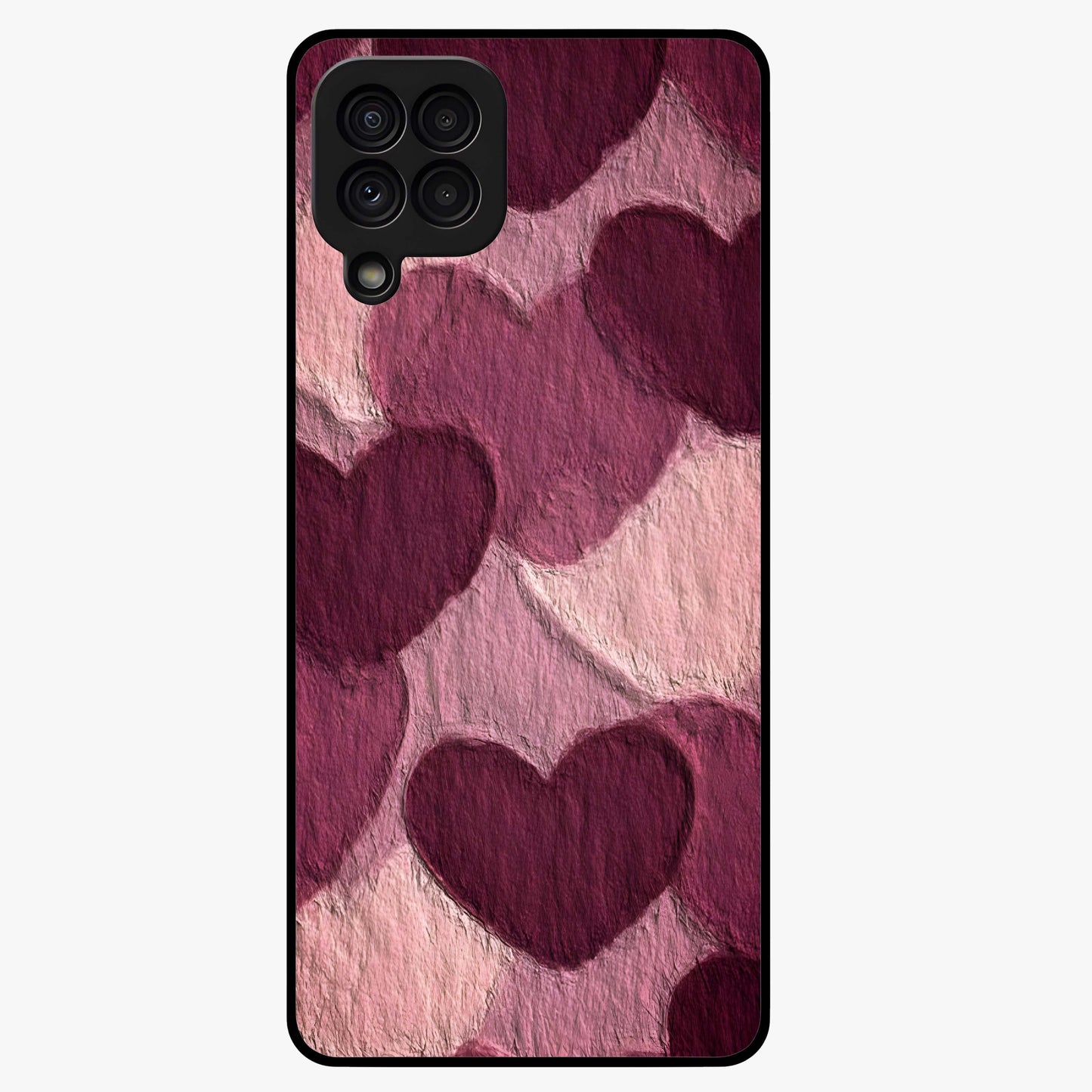 Layered Paper Hearts Glass Case showing flat back view with layered paper heart artwork and glossy glass finish.