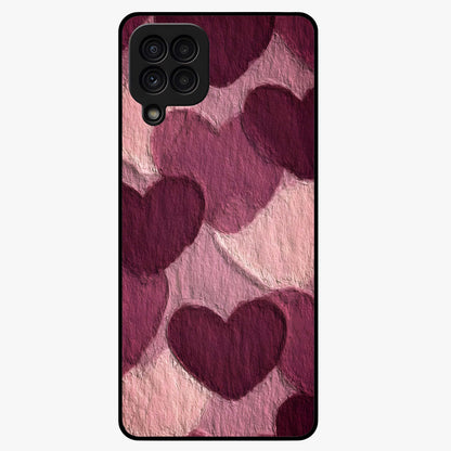 Layered Paper Hearts Glass Case showing flat back view with layered paper heart artwork and glossy glass finish.