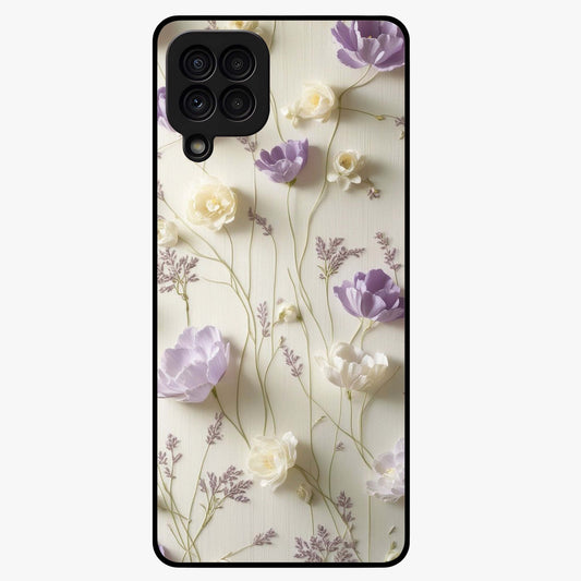 Lilac Breeze Harmony Glass Case showing flat back view with soft lilac themed artwork and glossy glass finish.