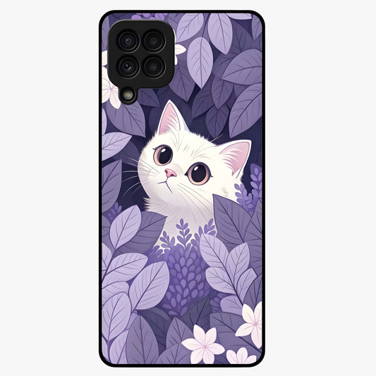 Lilac Hide Peek Cat Glass Case showing flat back view with cute peeking cat artwork and glossy glass finish.