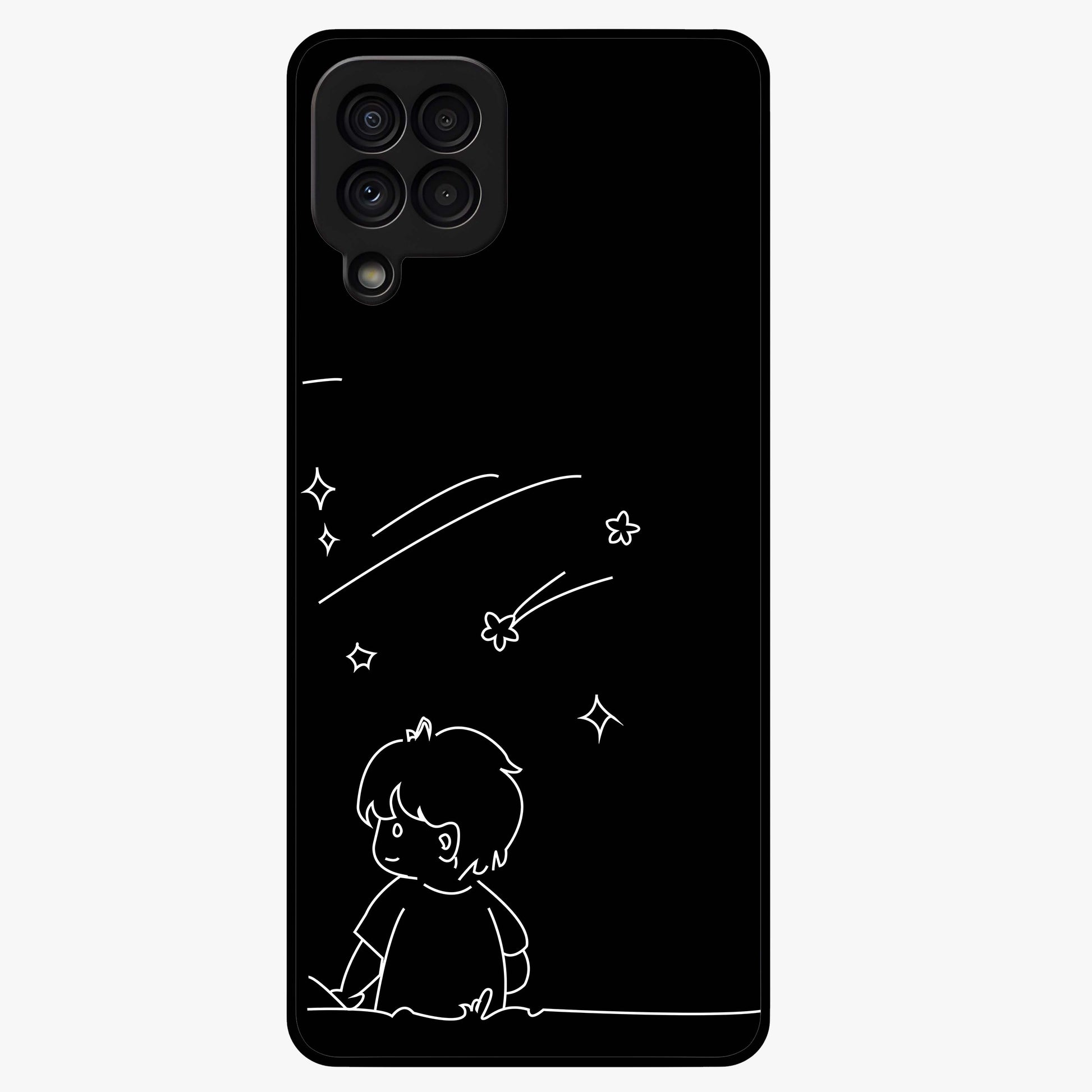 Line Art Boy With Shooting Stars Glass Case showing flat back view with minimal line art boy and shooting stars illustration and glossy glass finish.