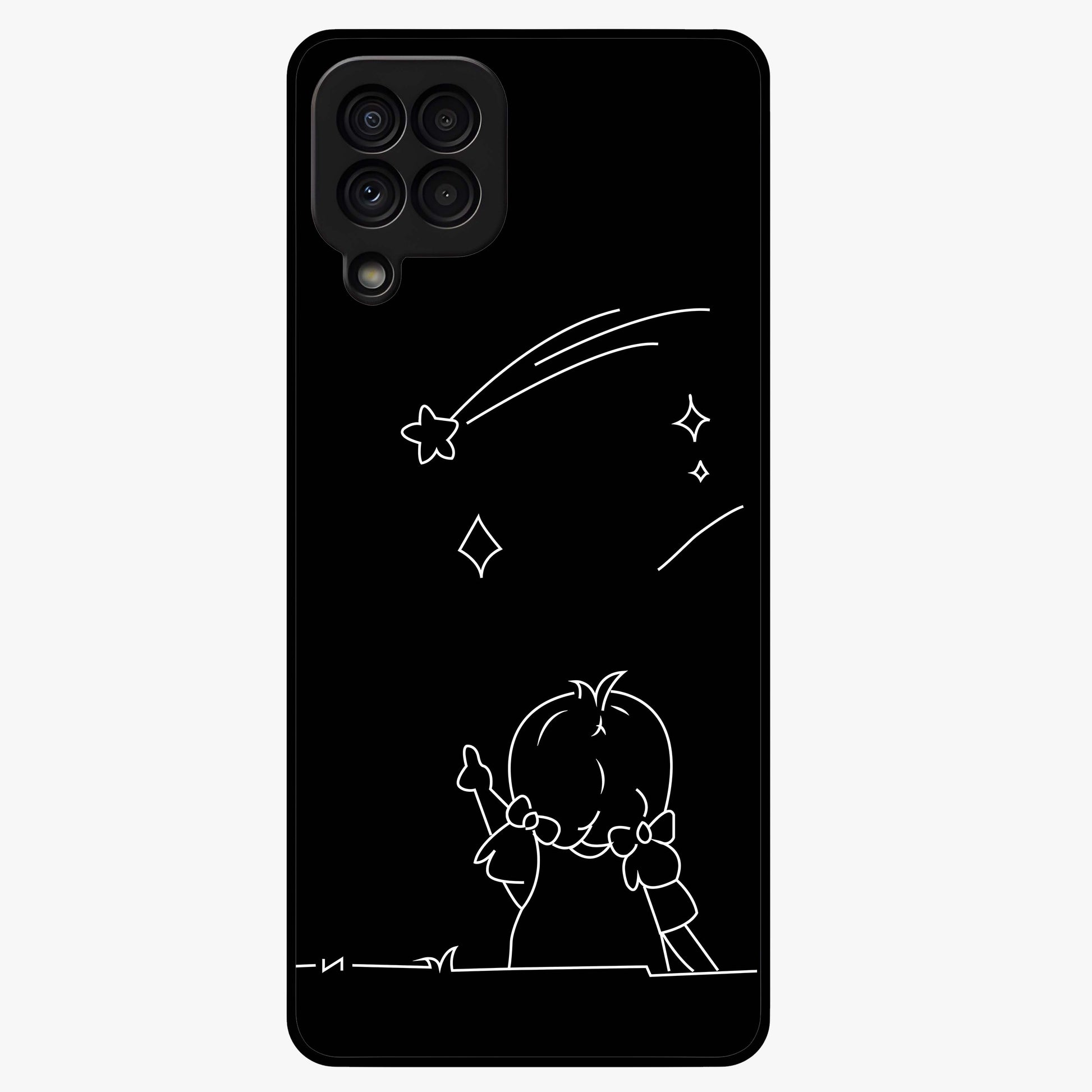 Line Art Girl With Shooting Stars Glass Case showing flat back view with minimal line art girl and shooting stars illustration and glossy glass finish.