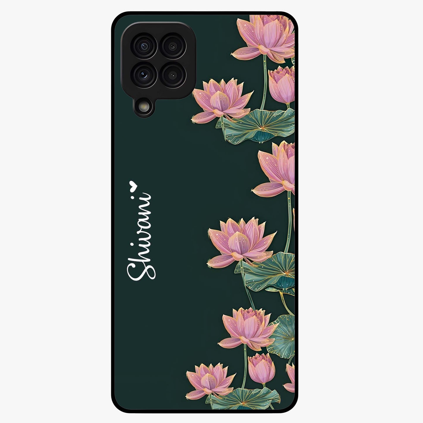 Lotus Bloom Serenity Custom Name Glass Case showing flat back view with elegant lotus flower artwork and personalized name design.