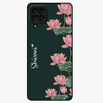 Lotus Bloom Serenity Custom Name Glass Case showing flat back view with elegant lotus flower artwork and personalized name design.