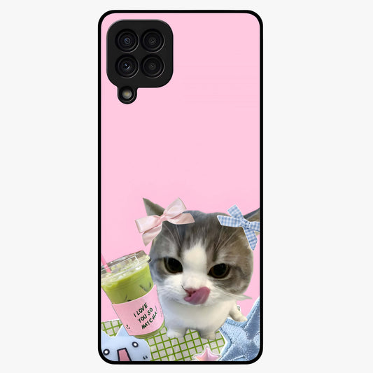 Love Matcha Cat Glass Case showing flat back view with cute cat and matcha themed artwork and glossy glass finish.