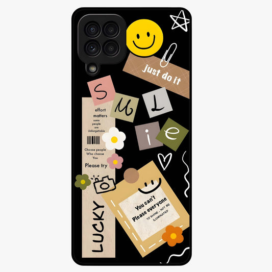 Lucky Aesthetic Collage Glass Case showing flat back view with trendy aesthetic collage artwork and glossy glass finish.