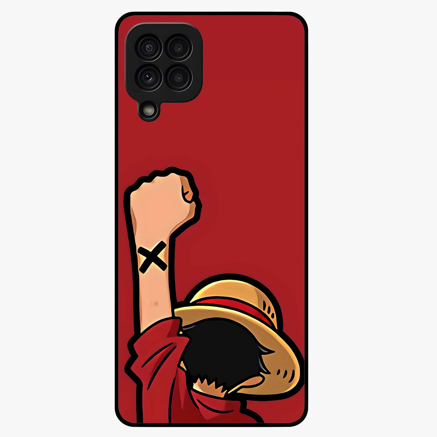 Luffy X Spirit Glass Case showing flat back view with bold anime character artwork and glossy glass finish.