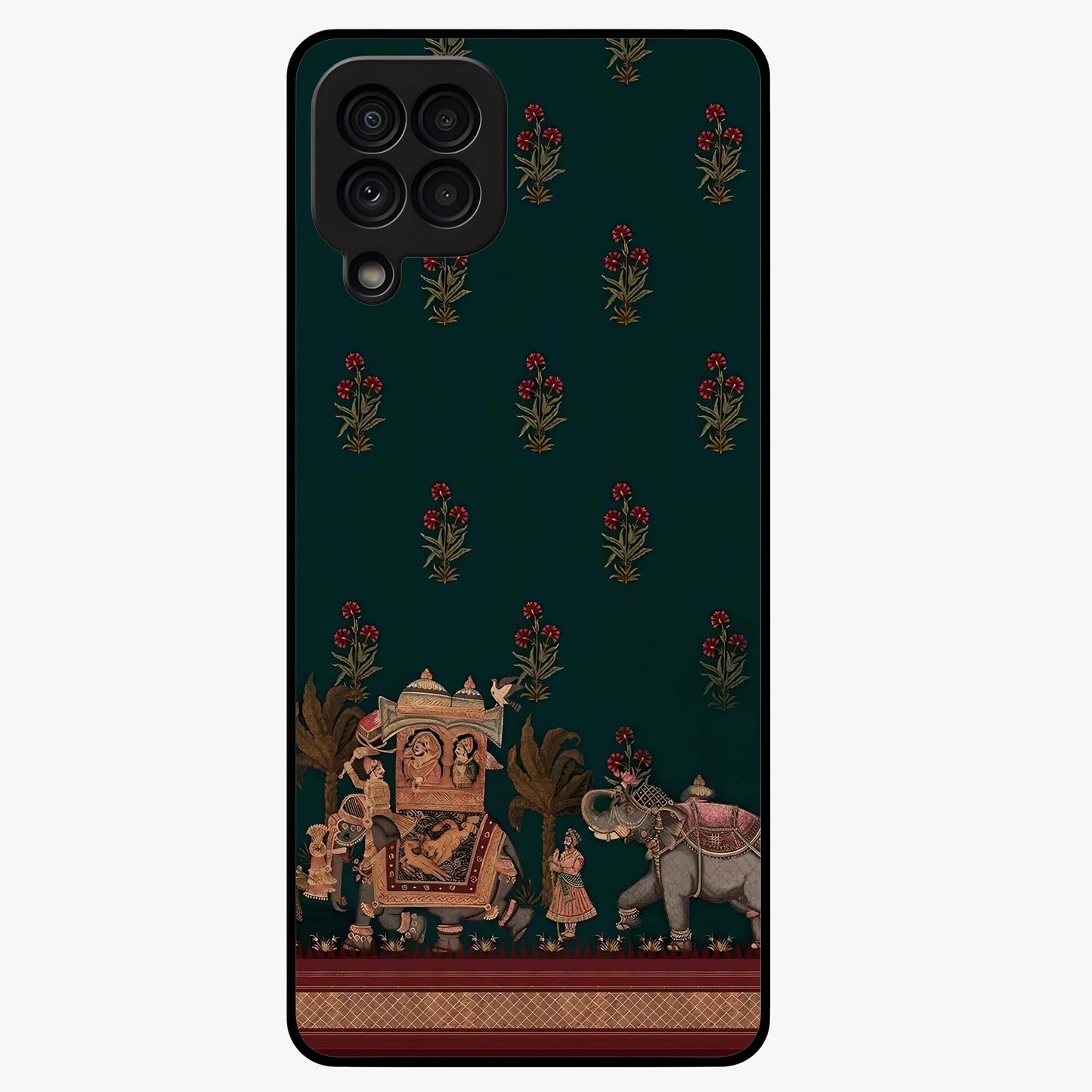 Macmerise Glass Case showing flat back view with stylish modern artwork and glossy glass finish.