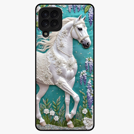 Majestic Floral Stallion Glass Case showing flat back view with powerful horse and floral artwork and glossy glass finish.