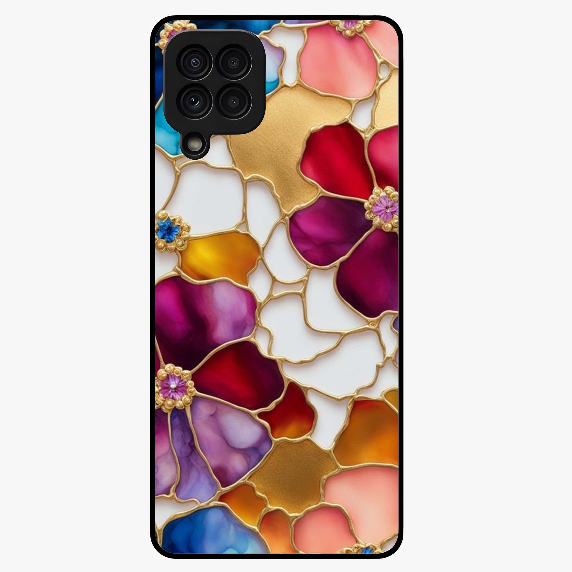 Marble Flower Pattern Glass Case showing flat back view with marble texture floral artwork and glossy glass finish.