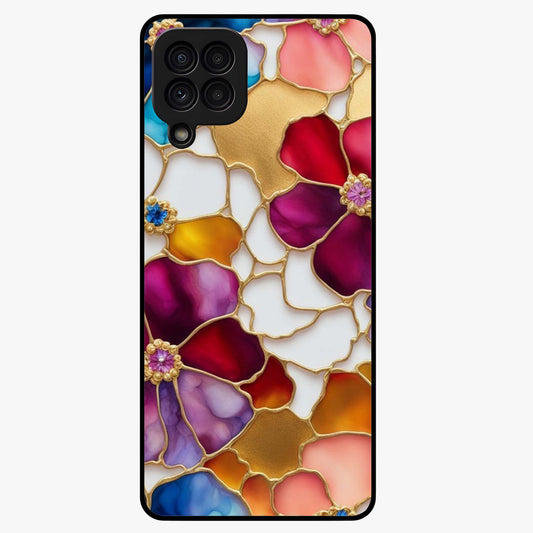 Marble Flower Pattern Glass Case showing flat back view with marble texture floral artwork and glossy glass finish.