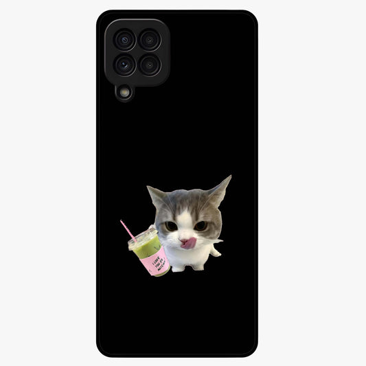 Matcha Cat Style Glass Case showing flat back view with cute matcha themed cat artwork and glossy glass finish.