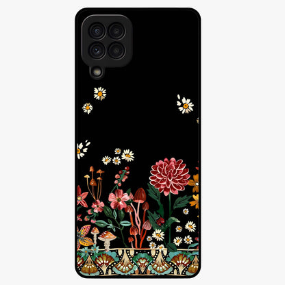 Midnight Bloom Pattern Glass Case showing flat back view with dark floral pattern artwork and glossy glass finish.