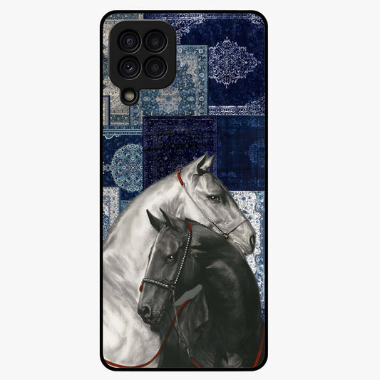 Midnight Stallion Blues Glass Case showing flat back view with majestic horse artwork and glossy glass finish.