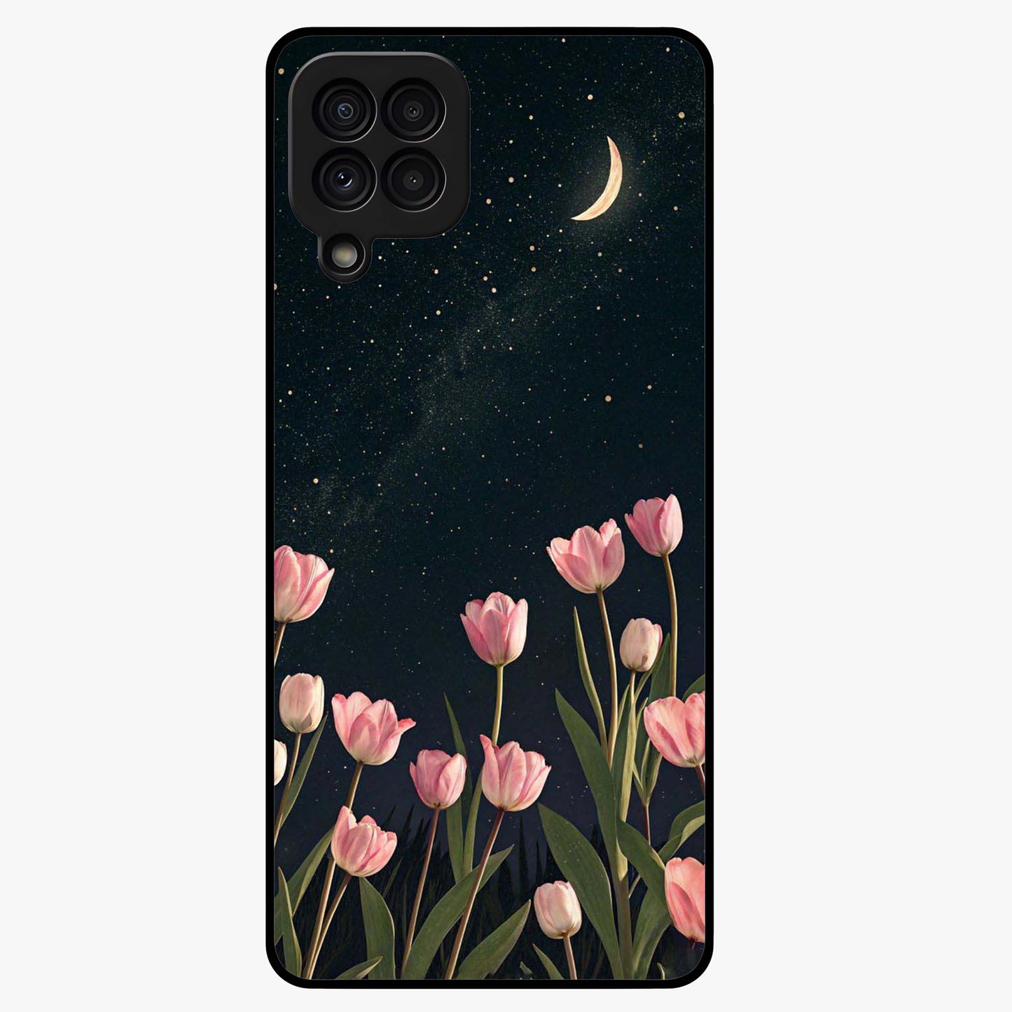 Midnight Tulip Whispers Vibe Glass Case showing flat back view with elegant tulip flower artwork and glossy glass finish.