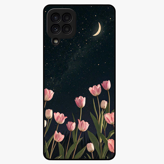 Midnight Tulip Whispers Vibe Glass Case showing flat back view with elegant tulip flower artwork and glossy glass finish.