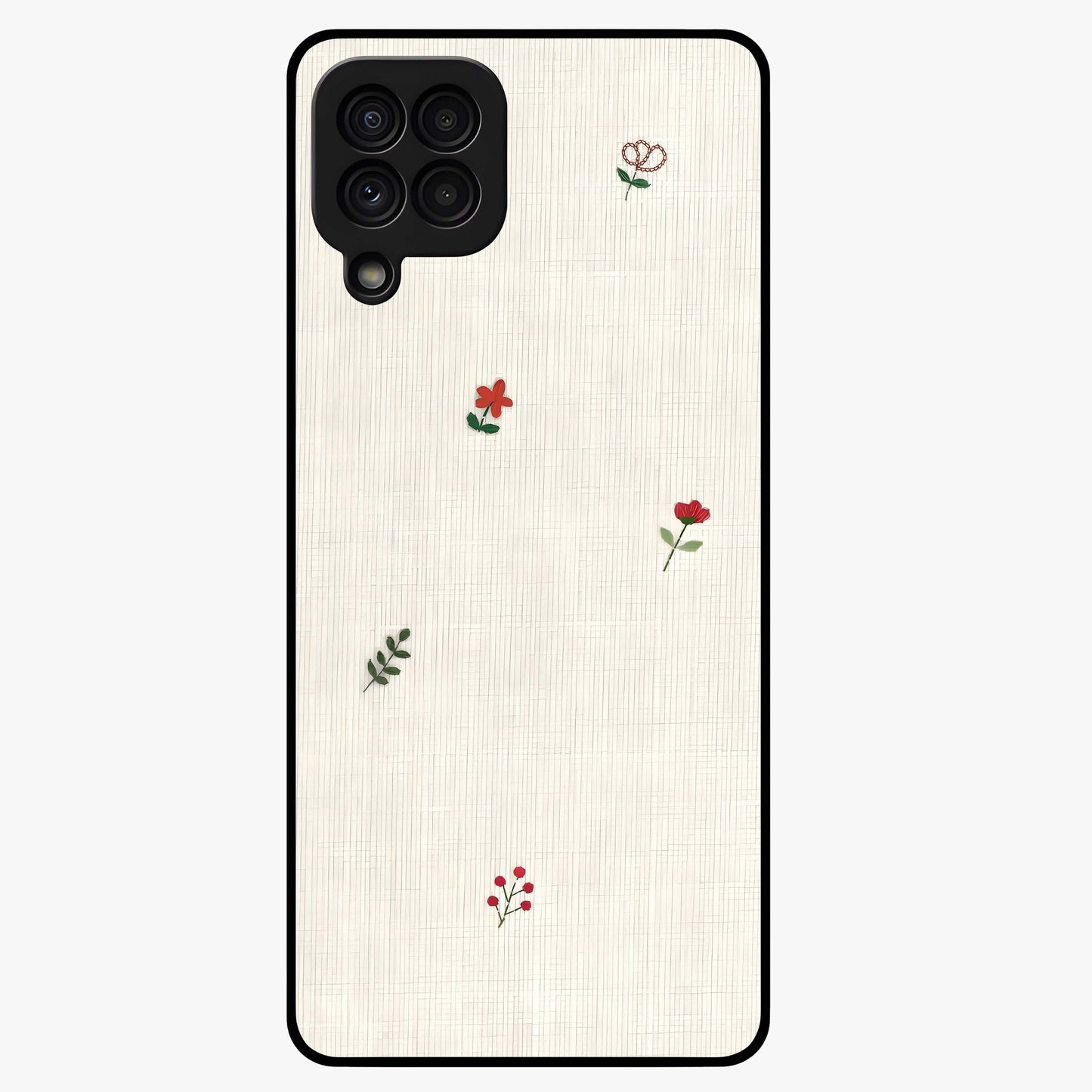 Minimal Petal Whispers Glass Case showing flat back view with soft minimal floral artwork and glossy glass finish.