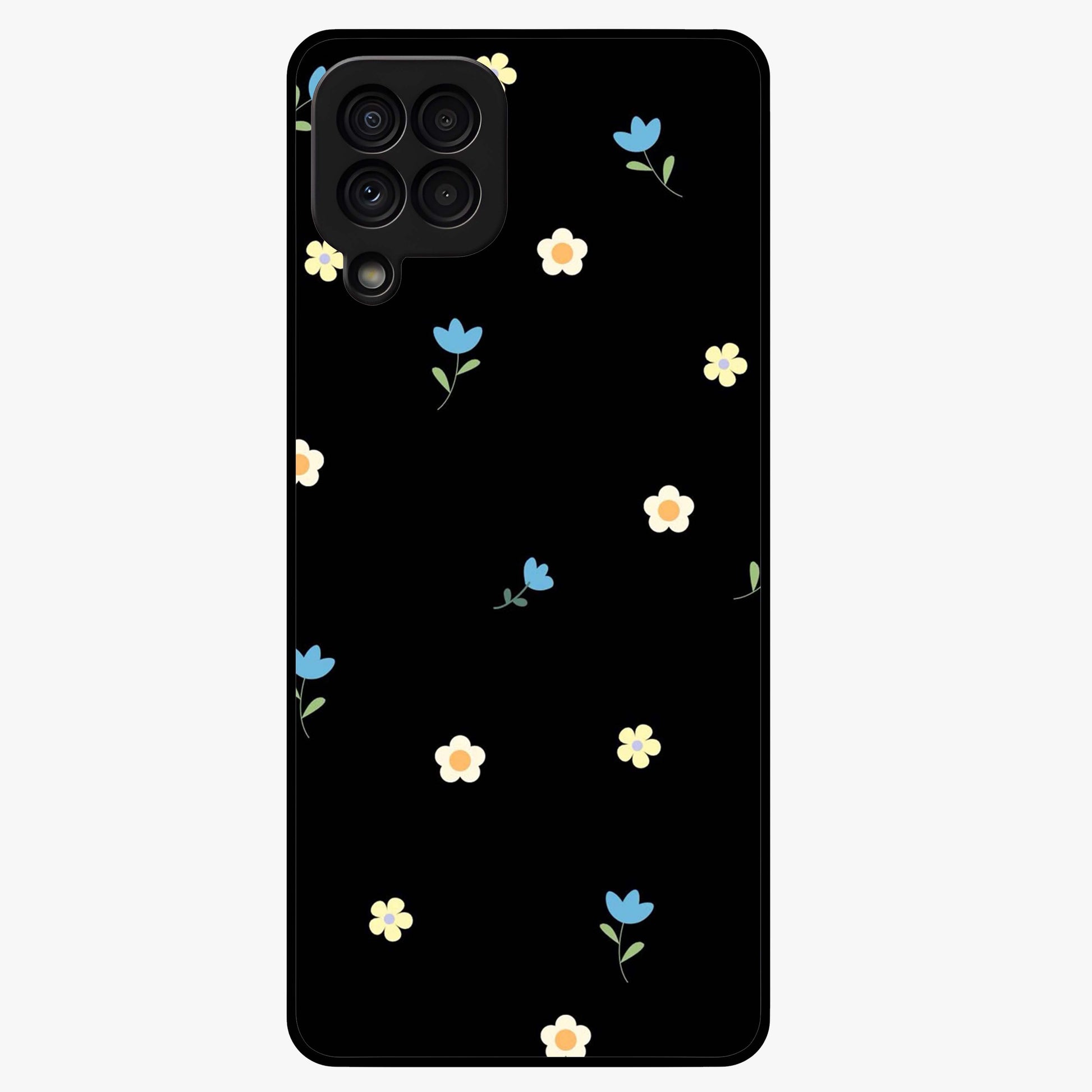 Minimalistic Blue With White Flower Pattern Glass Case showing flat back view with blue background and white flower pattern and glossy glass finish.