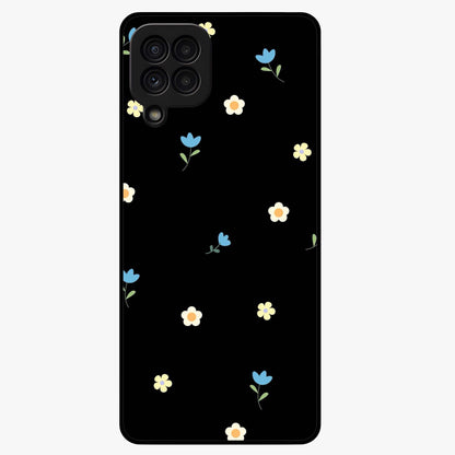 Minimalistic Blue With White Flower Pattern Glass Case showing flat back view with blue background and white flower pattern and glossy glass finish.