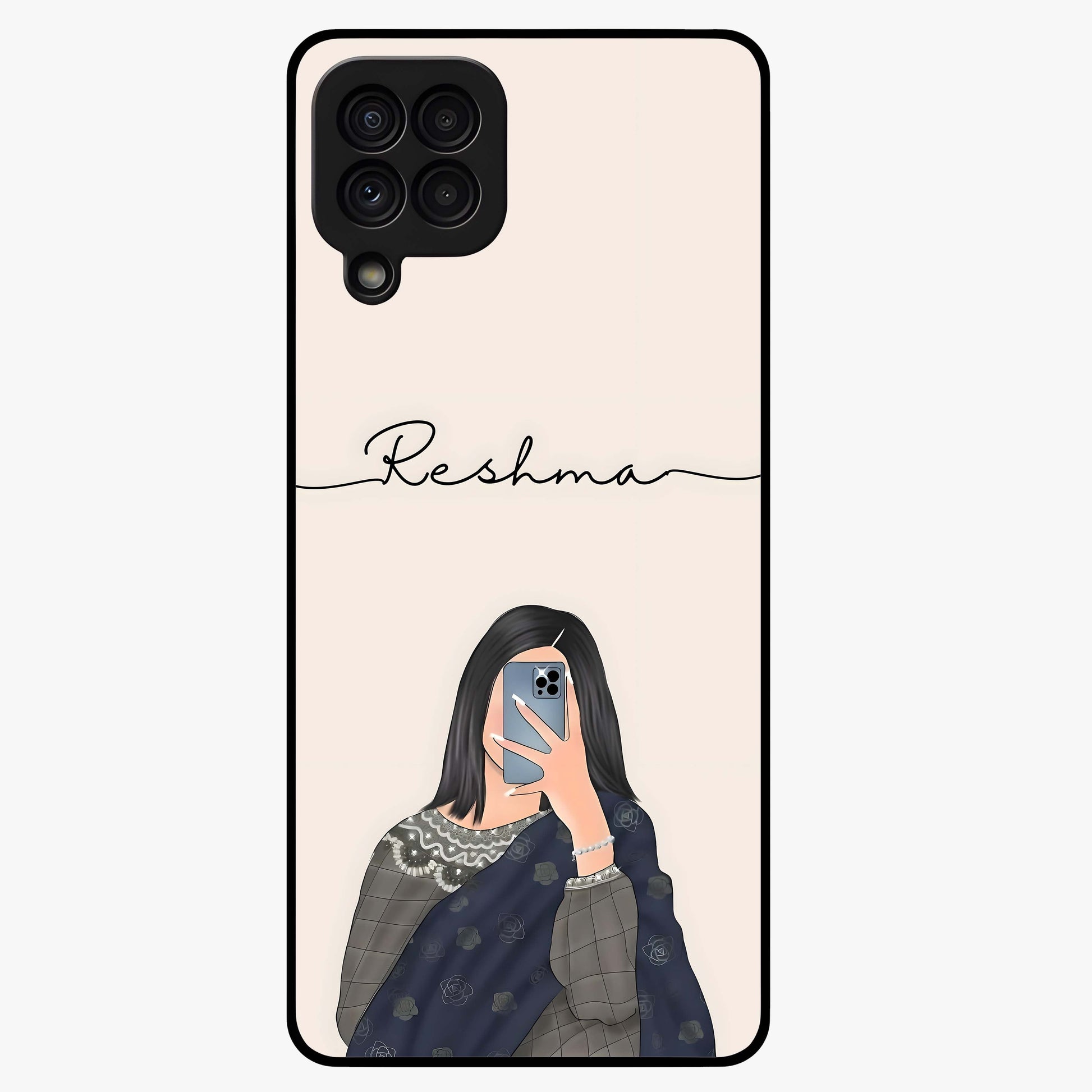 Mirror Mood Muse With Custom Name Glass Case showing flat back view with stylish mirrored artwork and personalized name design.