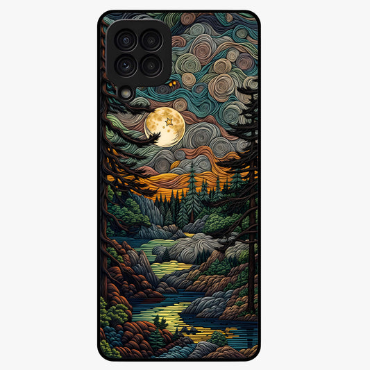 Moonlight Forest Dream Glass Case showing flat back view with mystical forest moonlight artwork and glossy glass finish.