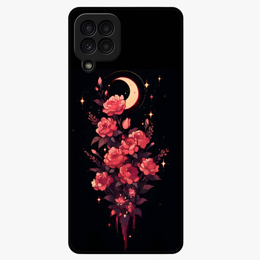 Moonlit Floral Elegance Glass Case showing flat back view with elegant floral artwork under moonlit tones and glossy glass finish.