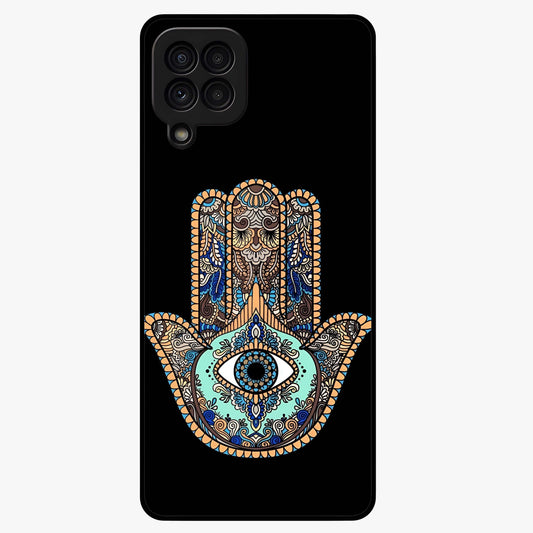 Mystic Hamsa Eye Glass Case showing flat back view with protective hamsa hand and evil eye artwork and glossy glass finish.