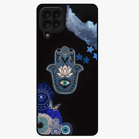 Mystic Hand Aura Glass Case showing flat back view with mystical hand symbol artwork and glossy glass finish.