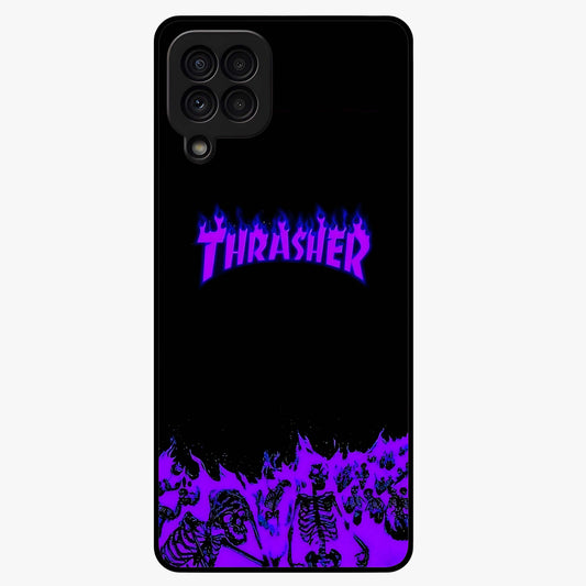 Neon Flame Riot Glass Case showing flat back view with neon flame artwork and glossy glass finish.