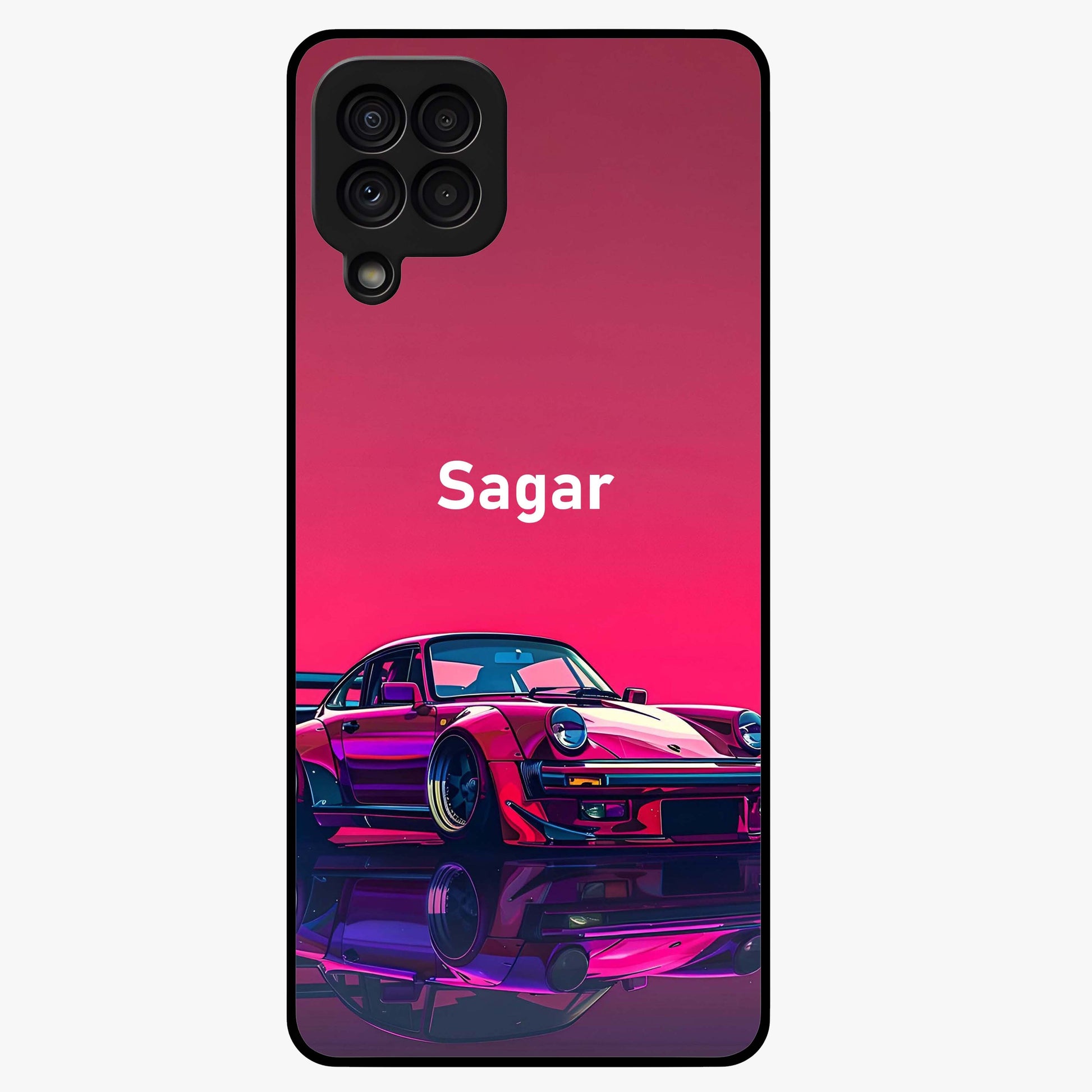 Neon Pink Porsche Glass Case showing flat back view with stylish sports car artwork and glossy glass finish.