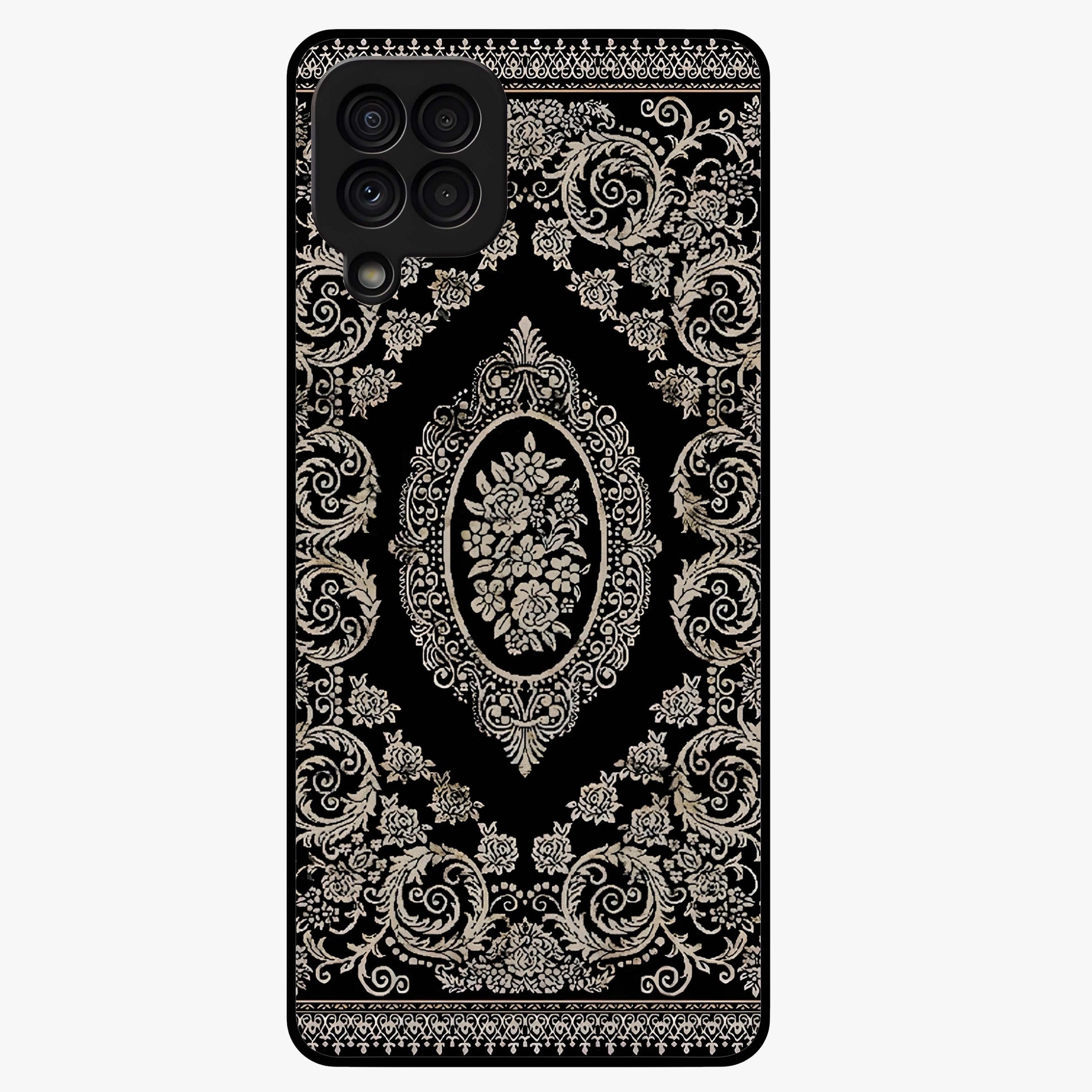 Noir Bloom Elegance Glass Case showing flat back view with elegant dark floral artwork and glossy glass finish.
