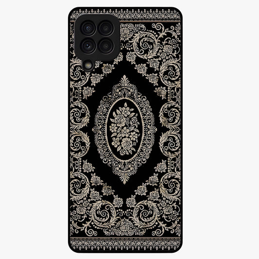 Noir Bloom Elegance Glass Case showing flat back view with elegant dark floral artwork and glossy glass finish.