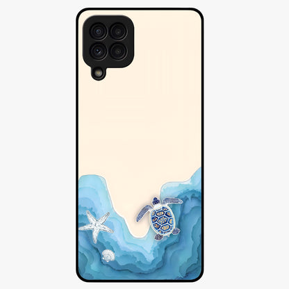 Ocean Drift Turtle Glass Case showing flat back view with sea turtle artwork and glossy glass finish.