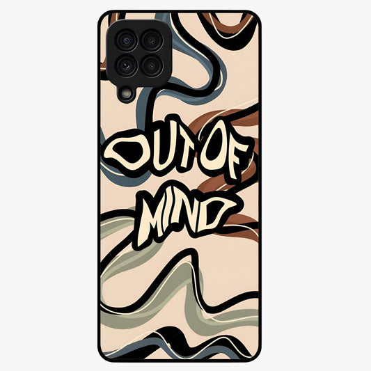 Out Of Mind Glass Case showing flat back view with expressive typography artwork and glossy glass finish.