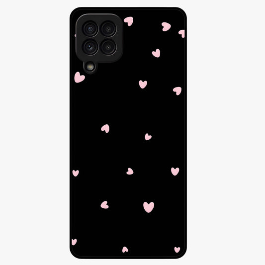 Pink Love Drops Glass Case showing flat back view with playful pink heart drops artwork and glossy glass finish.